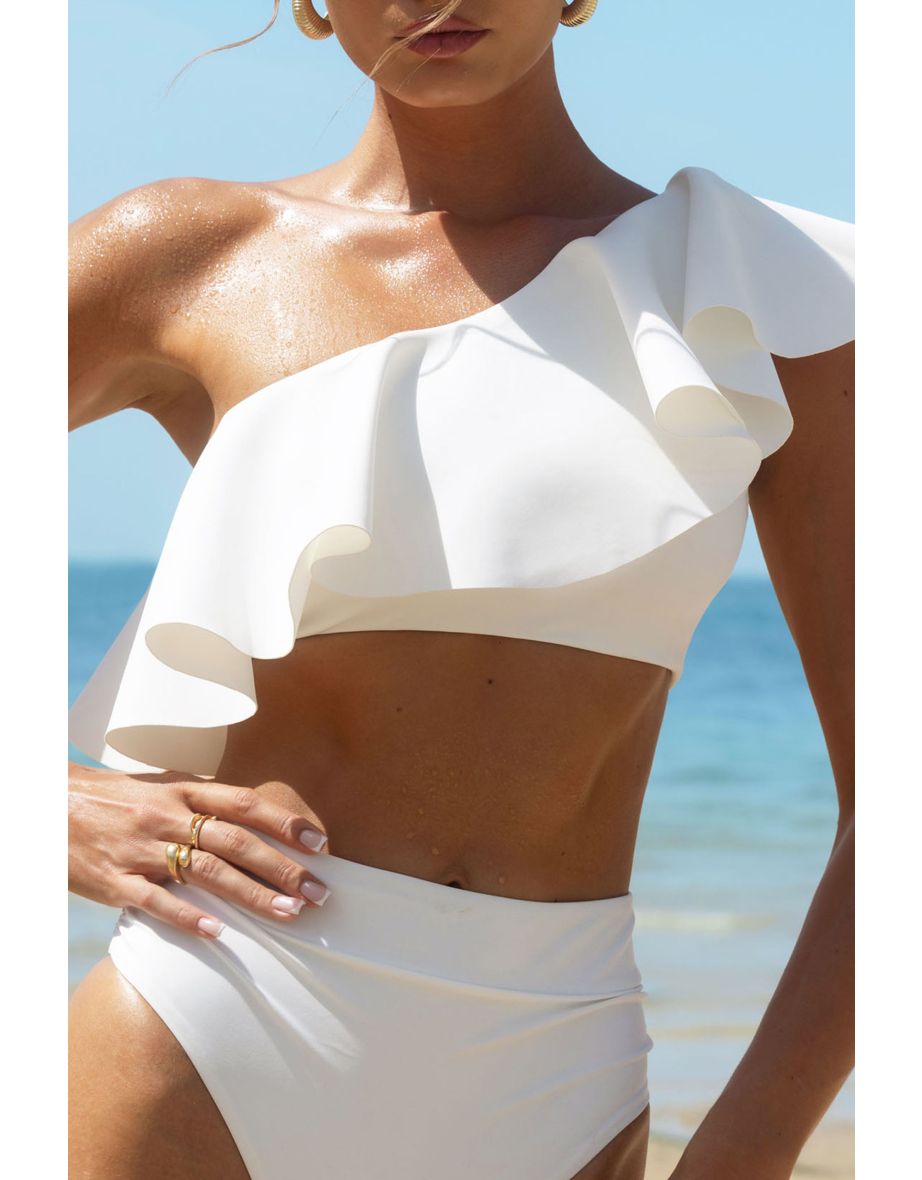 Skiathos | White One-Shoulder Ruffled Bikini Top - 3