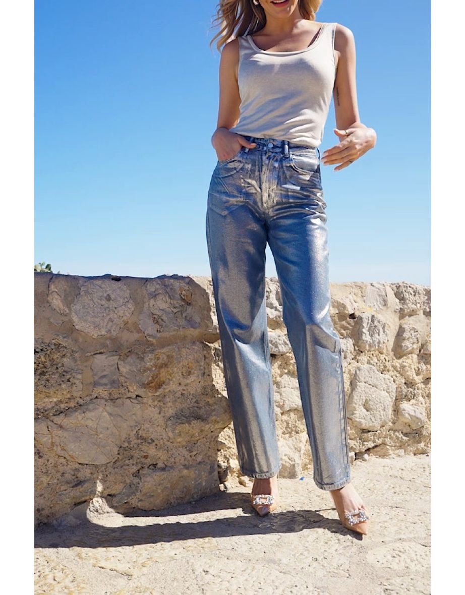 Silver Metallic Straight Leg Jeans - 4