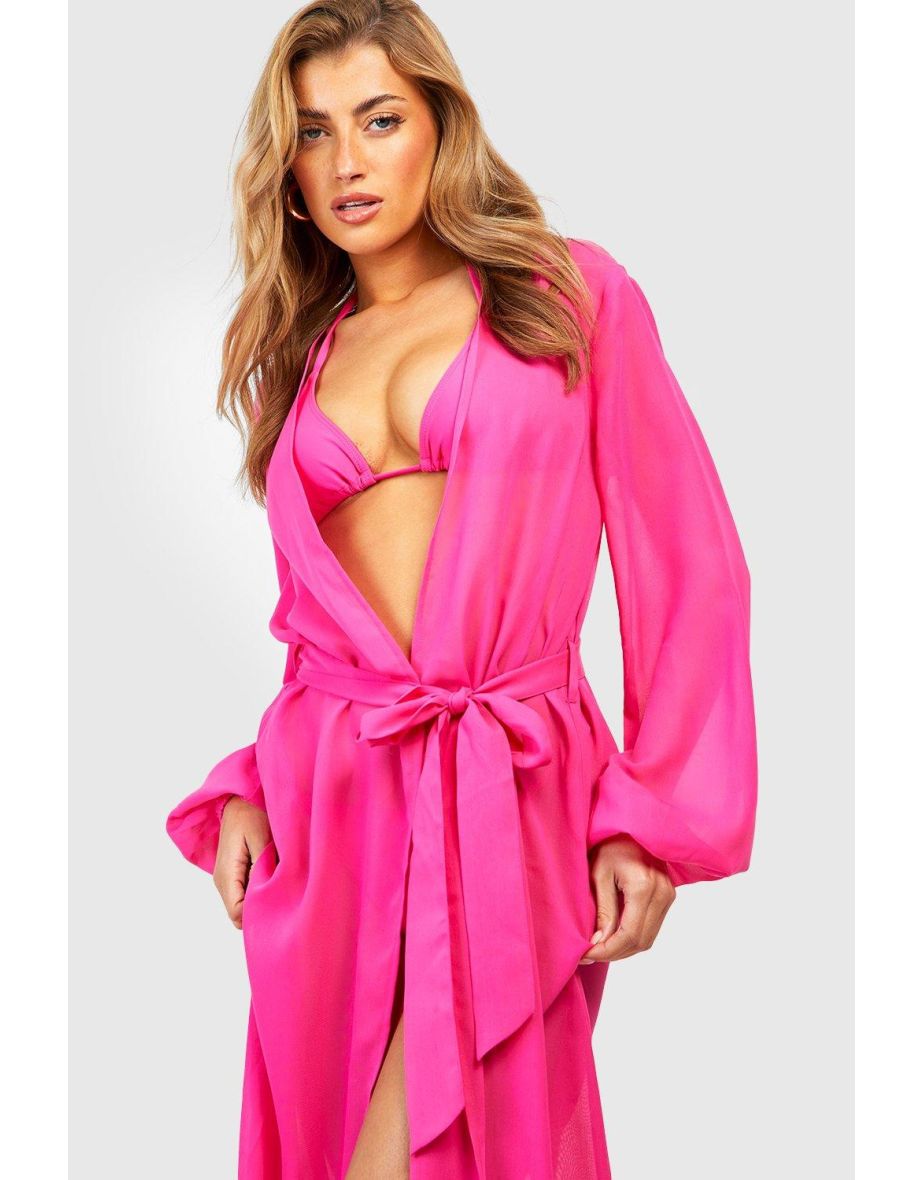 Essentials Belted Maxi Beach Kimono - bright pink - 3