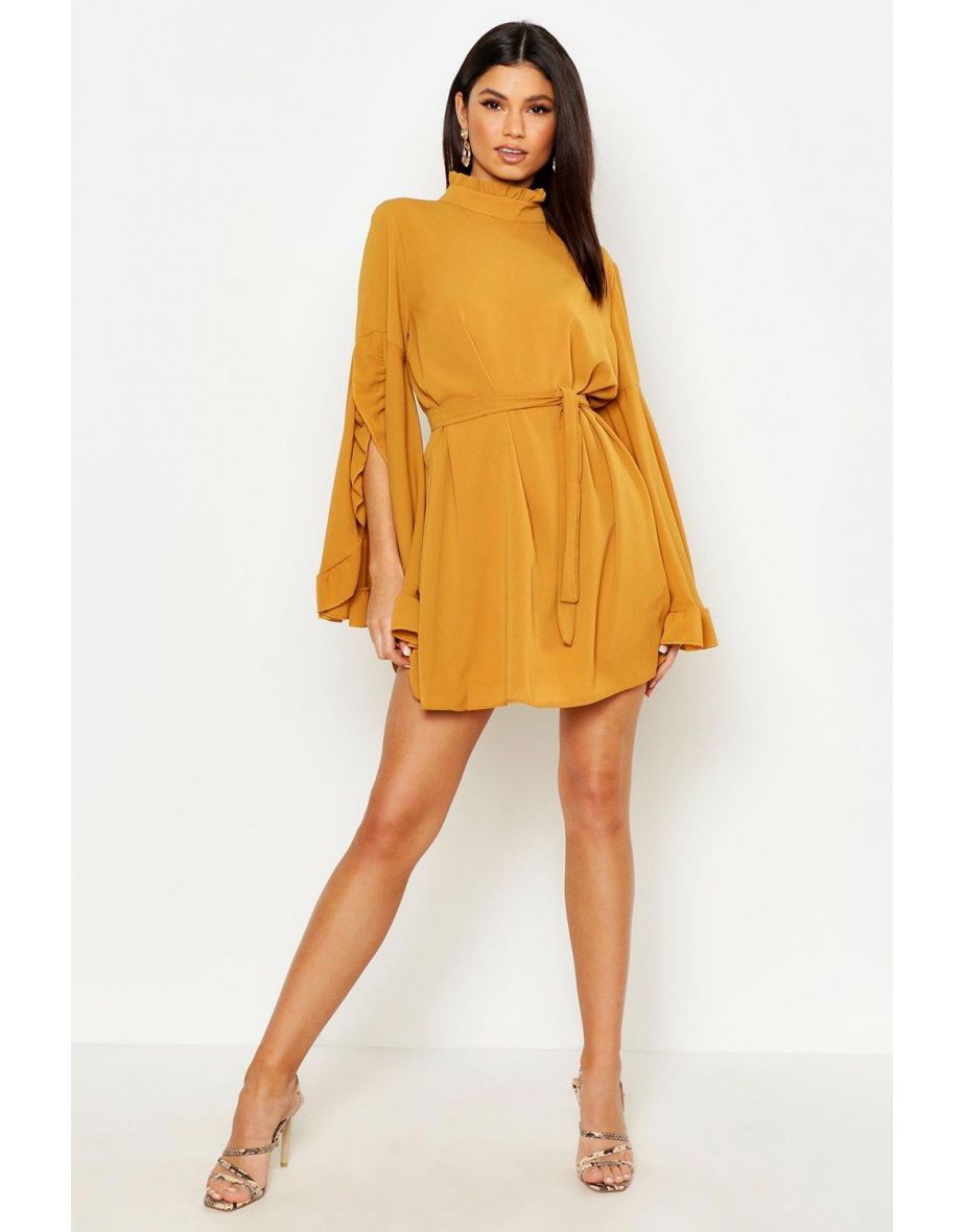 Shop Boho High Neck Wide Sleeve Shift Dress mustard Online in Qatar VogaCloset