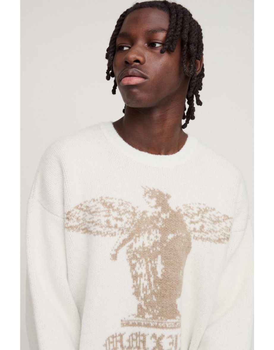 Oversized Boxy Brushed Gothic Graphic Knitted Jumper - ecru - 2