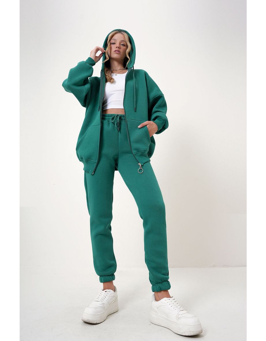Women's Walnut Green Hooded Kangaroo Pocket 3 Yarn Inside Raised Tracksuit
