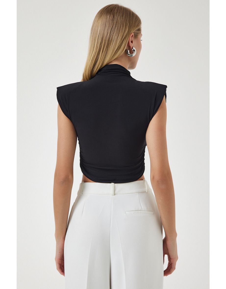 Women's Black High Neck Gathered Crop Knitted Blouse - 3