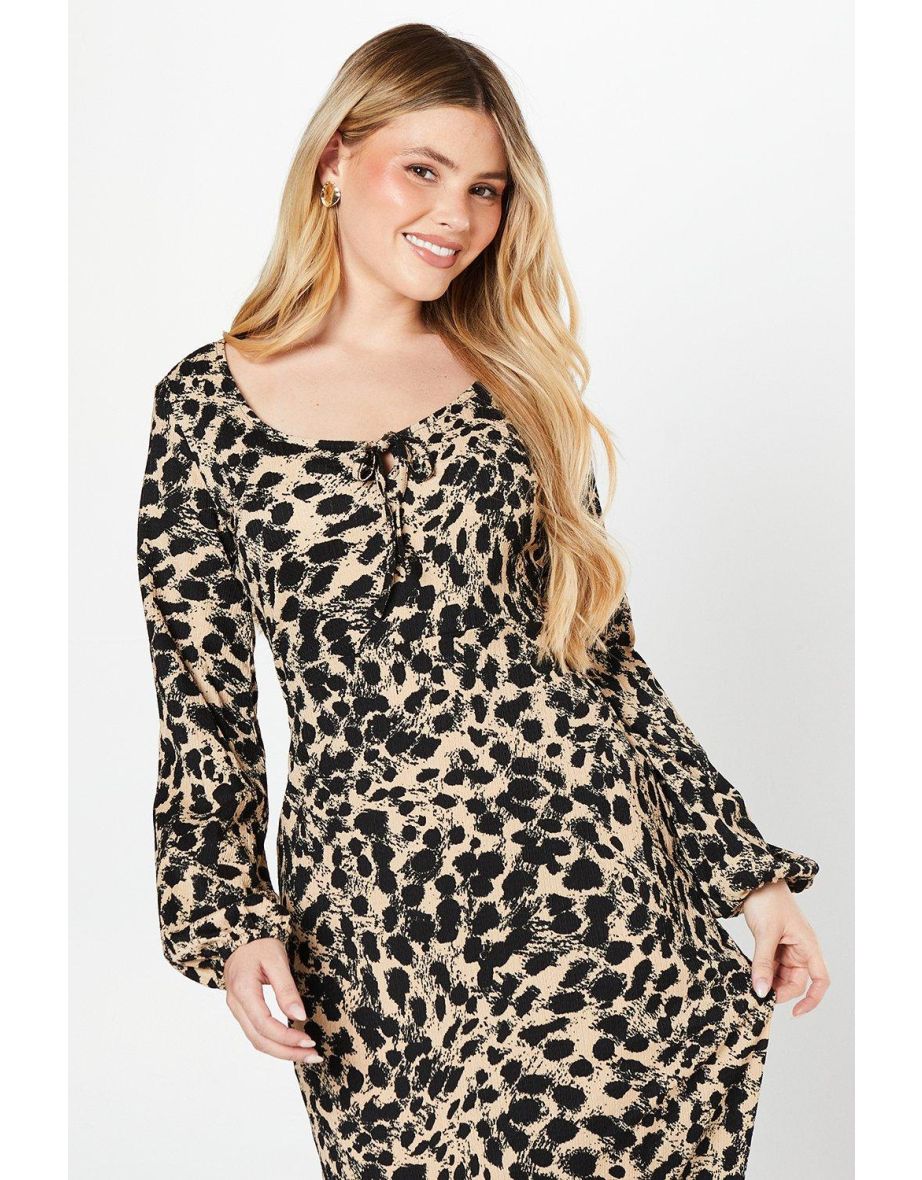 Leopard Tie Front Long Sleeve Midi Dress - 3