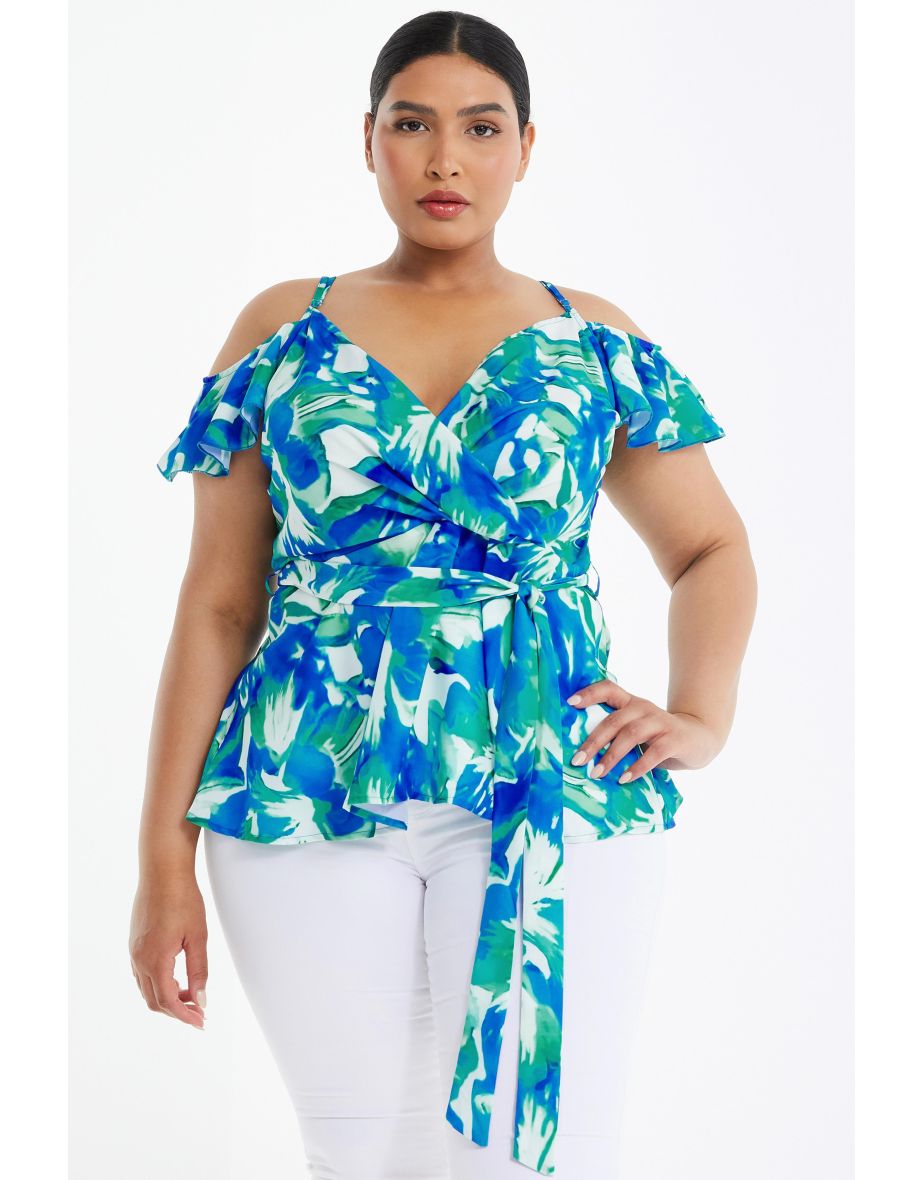 Curve Blue Tropical Print Wrap Top