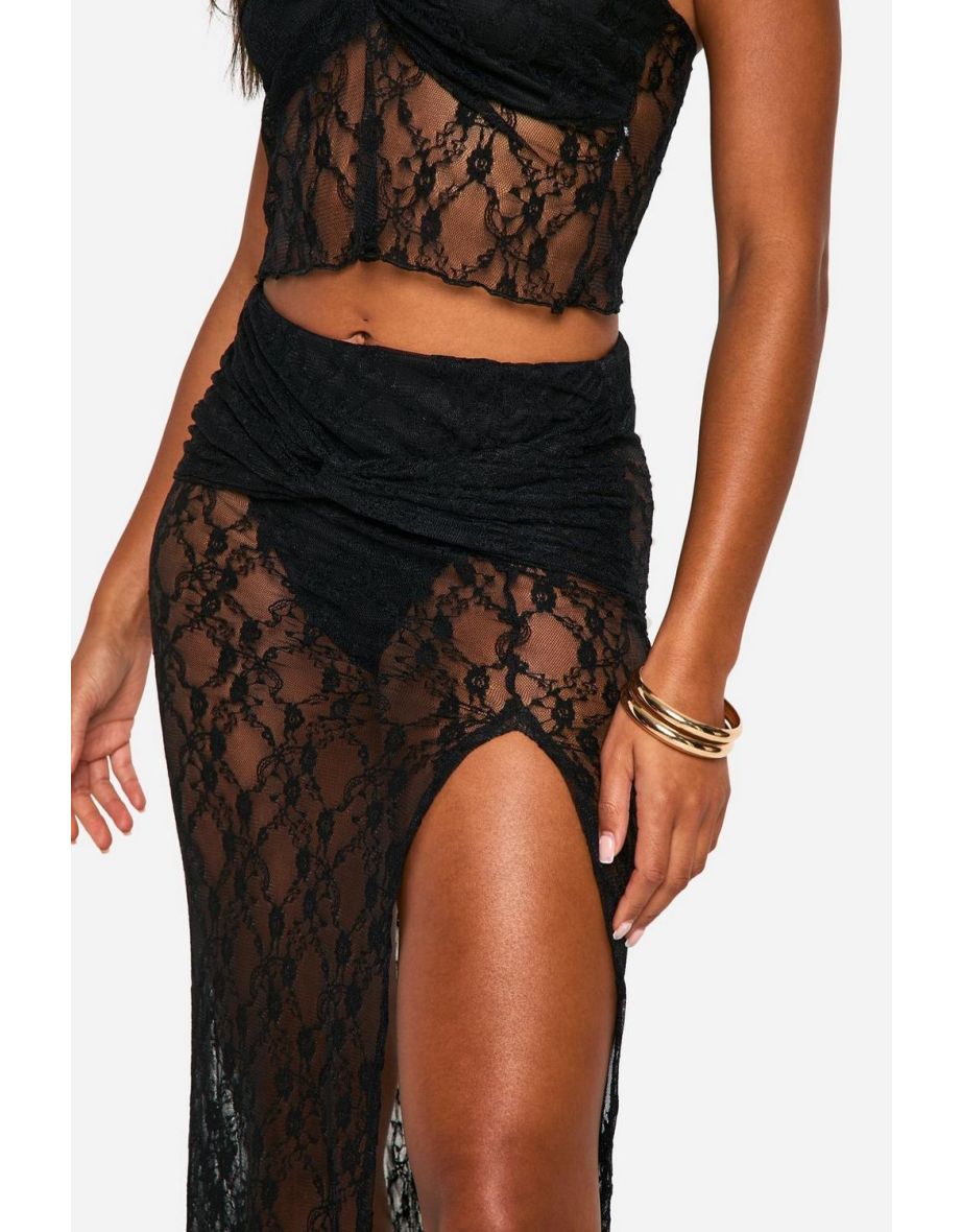 Lace Ruched Split Maxi Skirt - black - 3