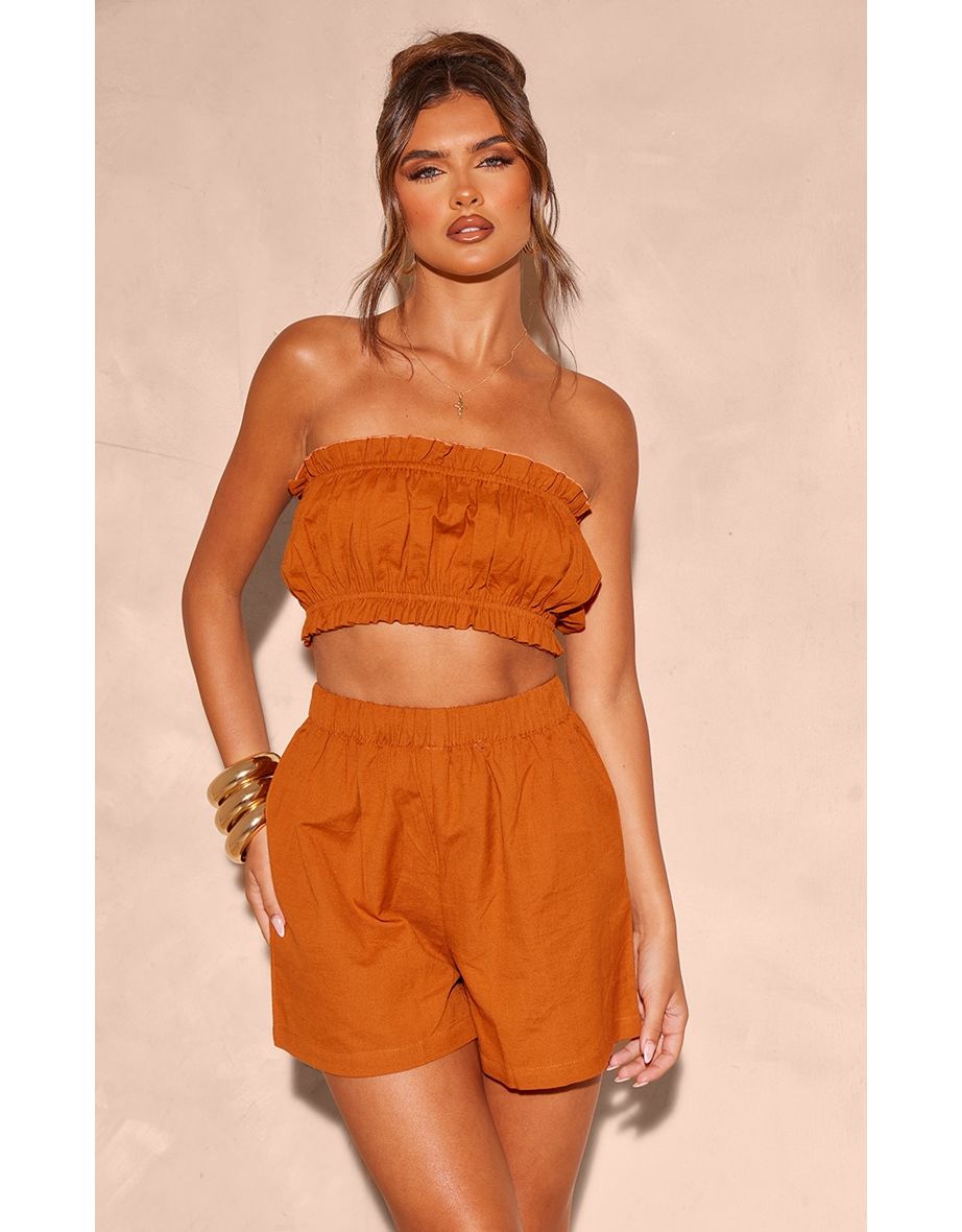 Rust Linen Look Ruffle Hem Bandeau Crop Top