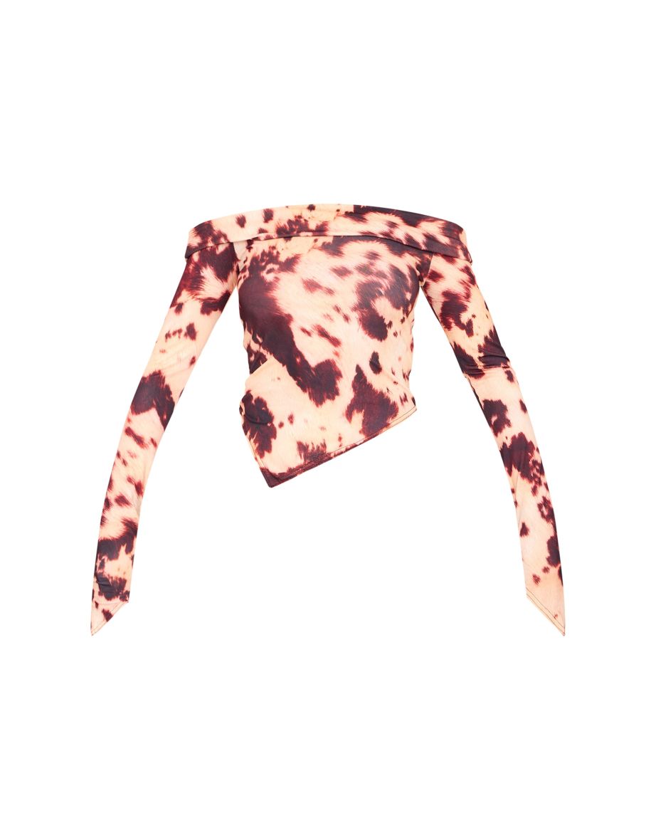 Brown Cow Print Slinky Bardot Asymmetric Long Top - 4