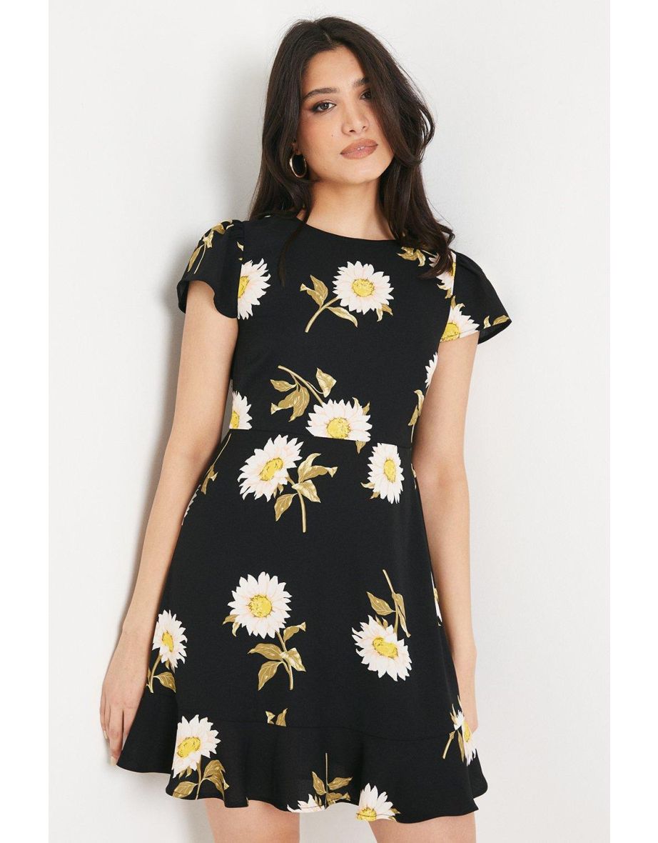 Black Daisy Flutter Sleeve Tiered Hem Mini Dress