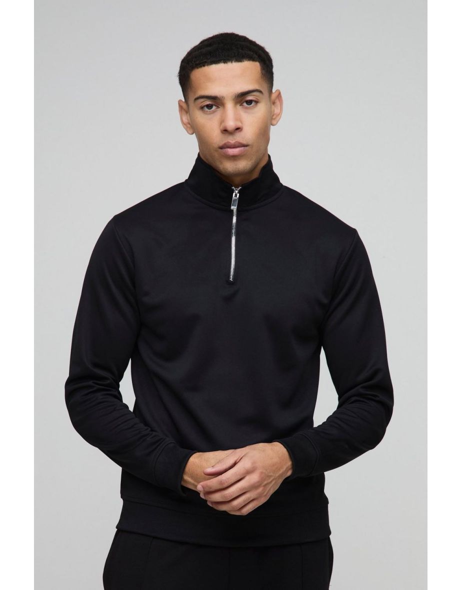 Slim Fit Basic Interlock Funnel Neck Sweatshirt - black