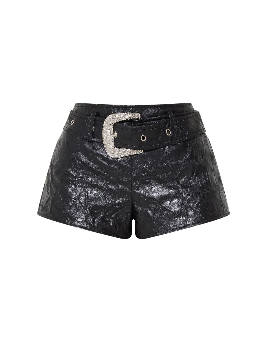 Petite Black Textured Faux Leather Belt Detail Hotpants - 5