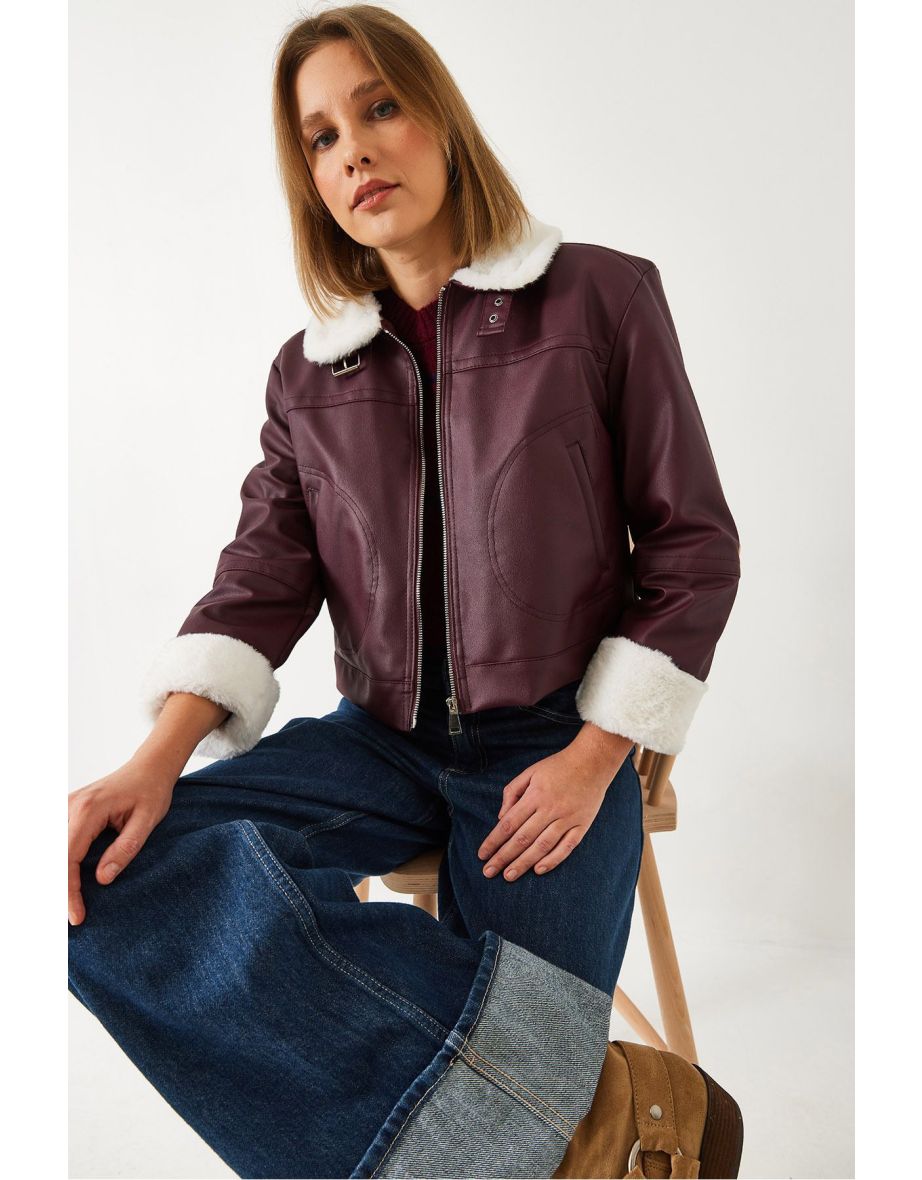 Women's Fur Lined Leather Jacket with Buckled Collar