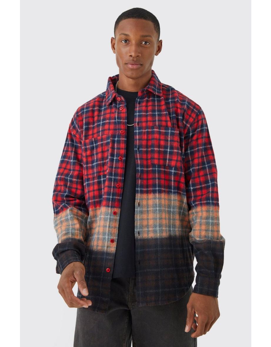 Oversized Rose Back Print Ombre Check Shirt - red - 2