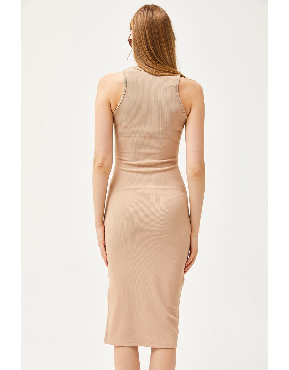 Women's Camel Halter Neck Lycra Slim Ribbed Slit Ottoman Dress - 4