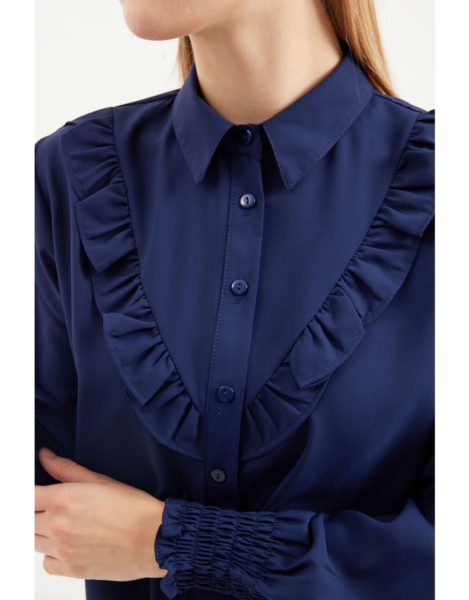 Ruffled Long Sleeve Shirt - Navy Blue - 4