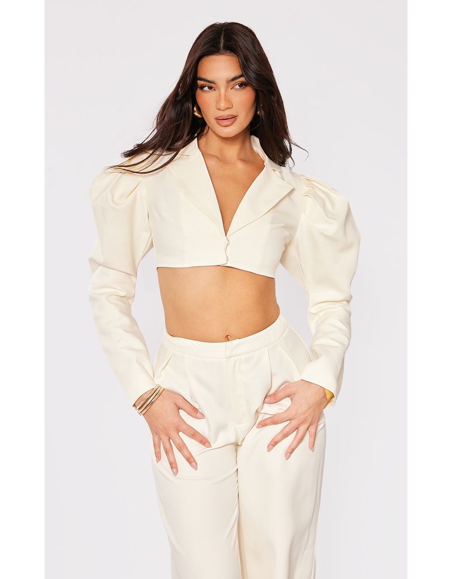 Cream Woven Puff Sleeve Cropped Blazer