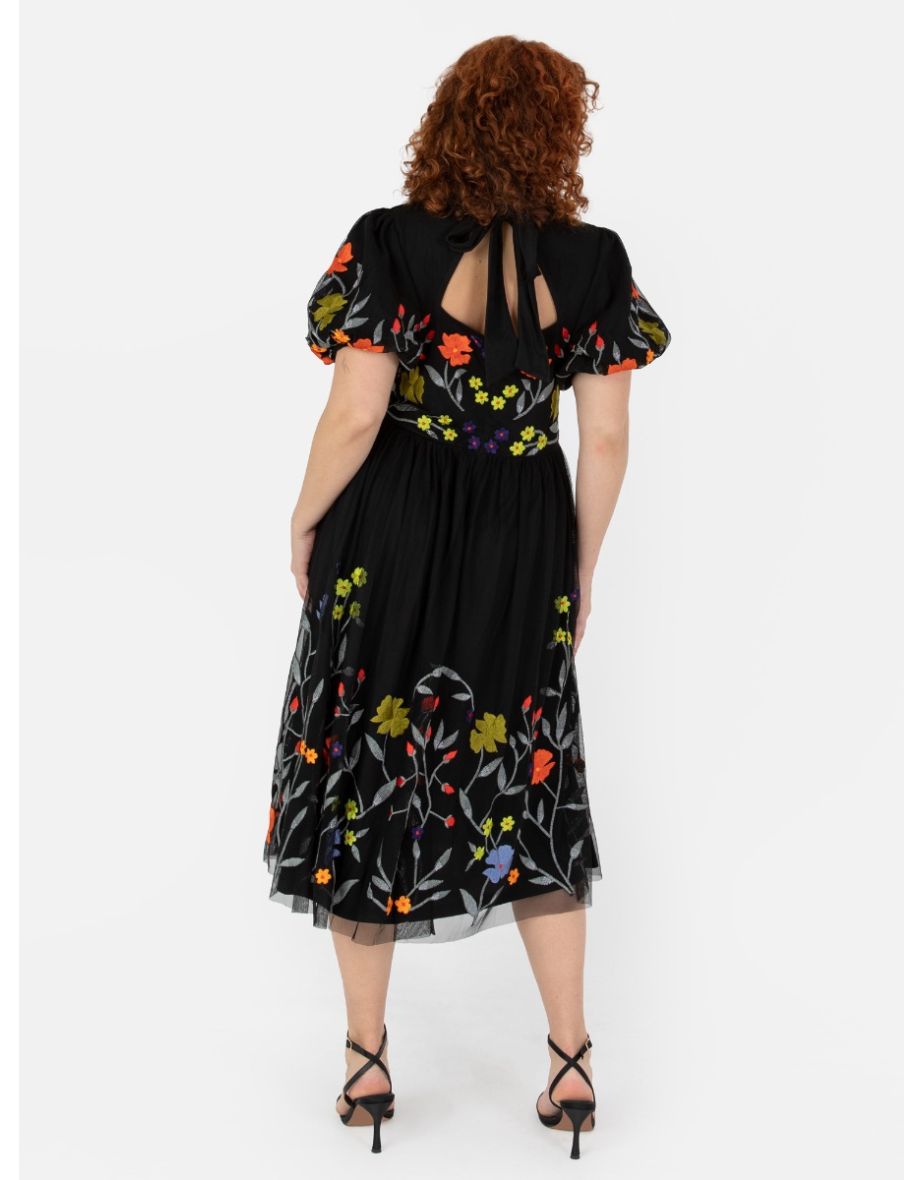 Maya Black Floral Embroidered Dress With Keyhole Back - 1