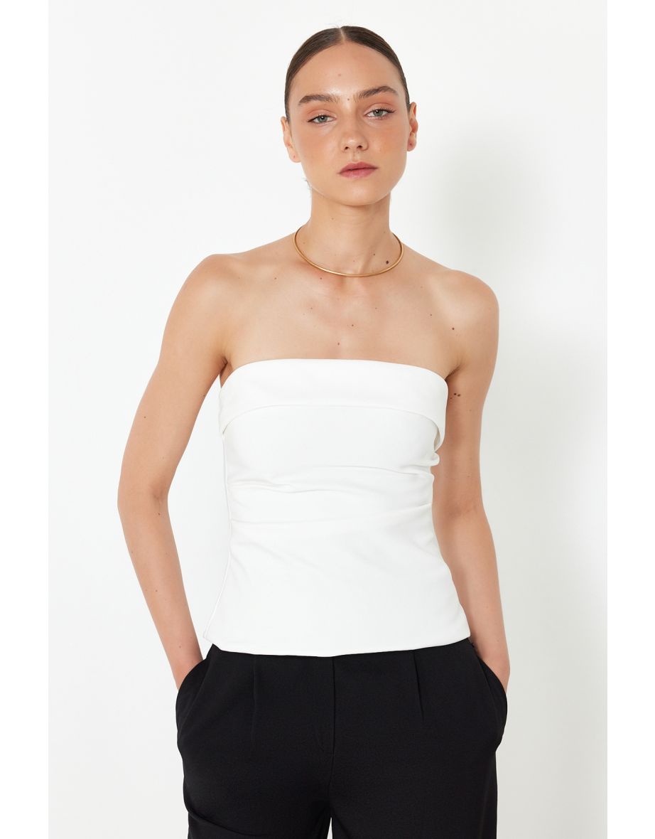 Ecru Strapless Fitted Woven Woven Blouse