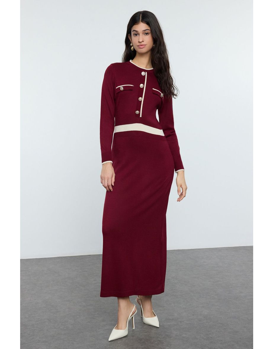 Burgundy Buttoned Knit Dress - 4
