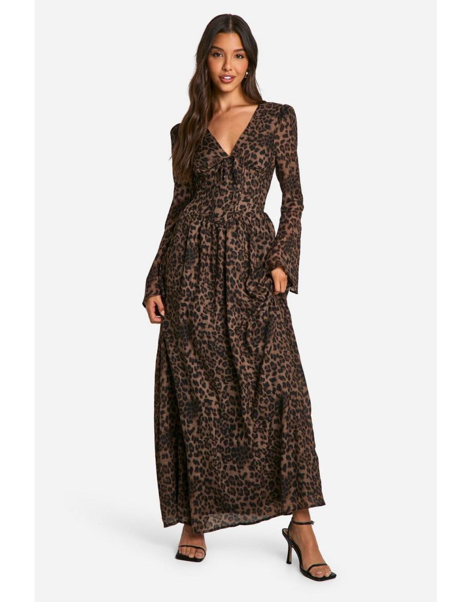 Chiffon Leopard Print Puff Sleeve Milkmaid Maxi Dress - leopard