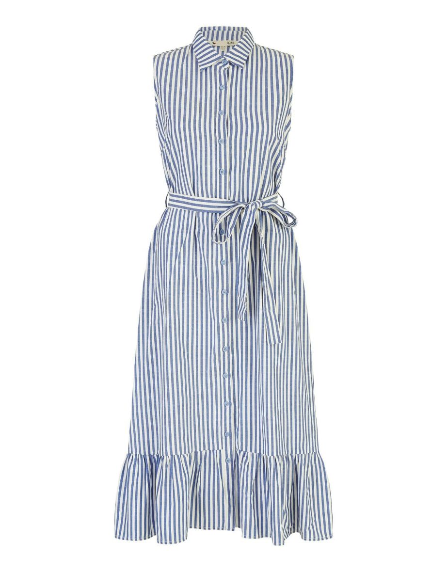 Yumi Blue Striped Sleeveless Midi Shirt Dress - 5