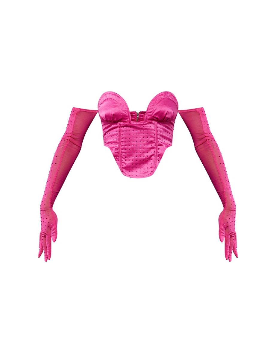 Hot Pink Curved Bust Diamante Glove Detail Corset - 4
