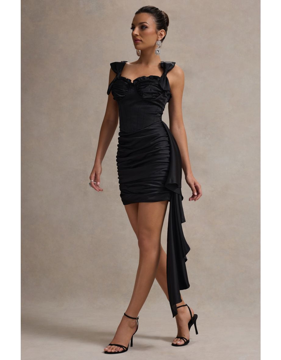 Lesina | Black Satin Ruched Corset Mini Dress With Drape - 6