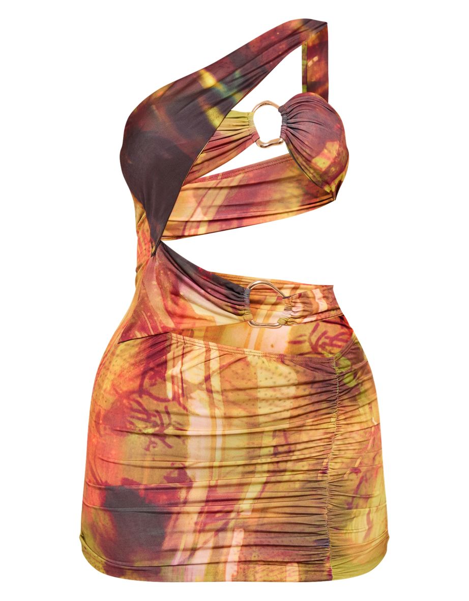 Green Abstract Printed Slinky One Shoulder Cut Out Bodycon Dress - 4