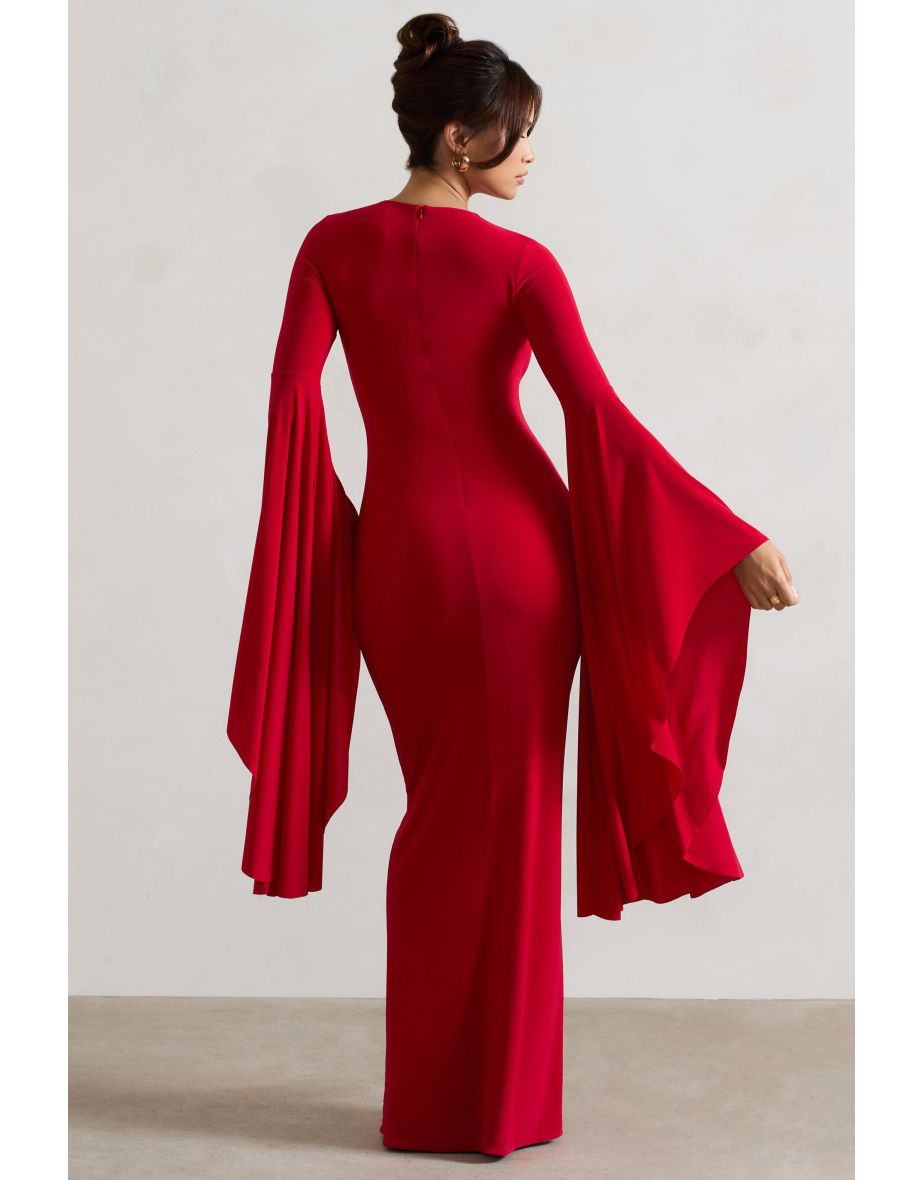 Modena | Red Waterfall Sleeve Maxi Dress - 4