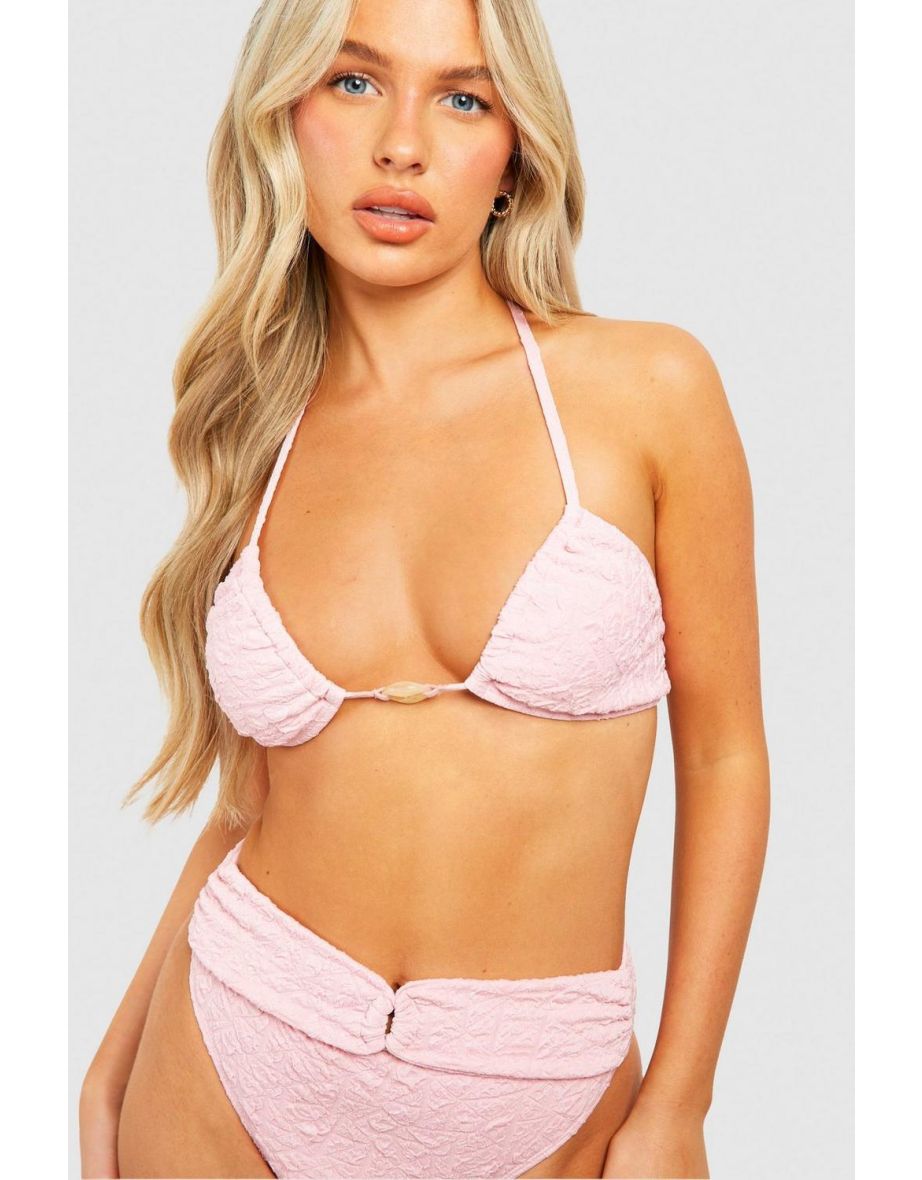 Trim Detail Textured Halterneck Bikini Set - baby pink - 2