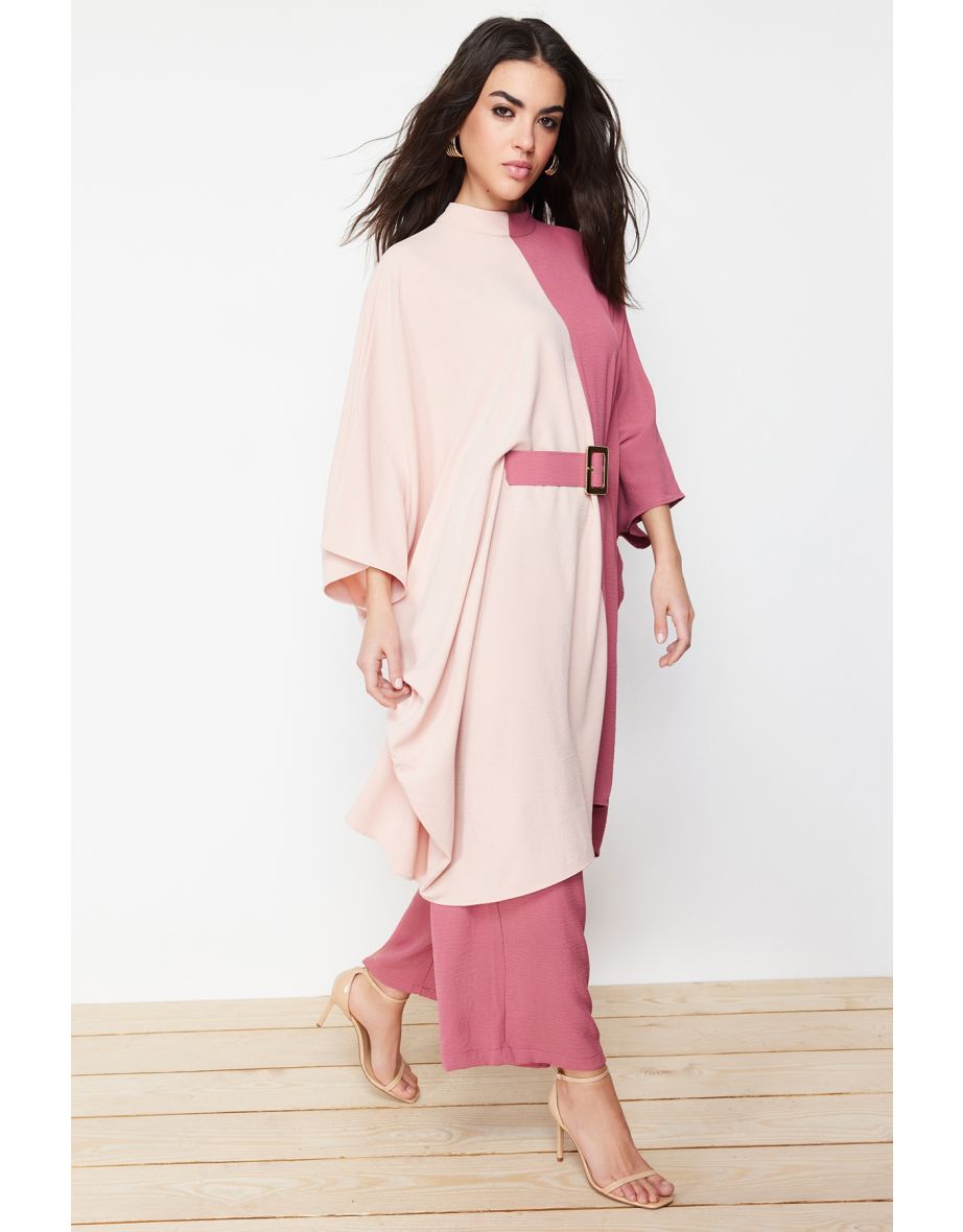 Pale Pink Color Block Waist Belted Tunic-Pants Woven Suit