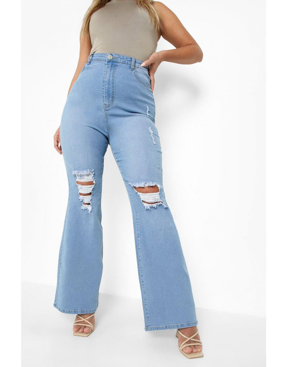 Plus High Waist Split Detail Flared Jeans - stonewash - 3