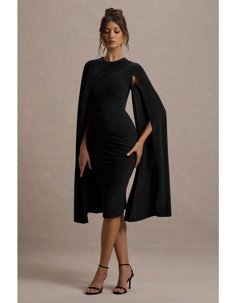 Marysol | Black Asymmetric Cape Midi Dress