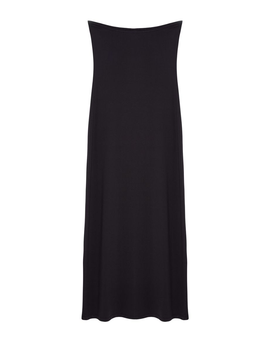 Black Plain Polyamide Strapless Fitted Flexible Maxi Pencil Dress - 6