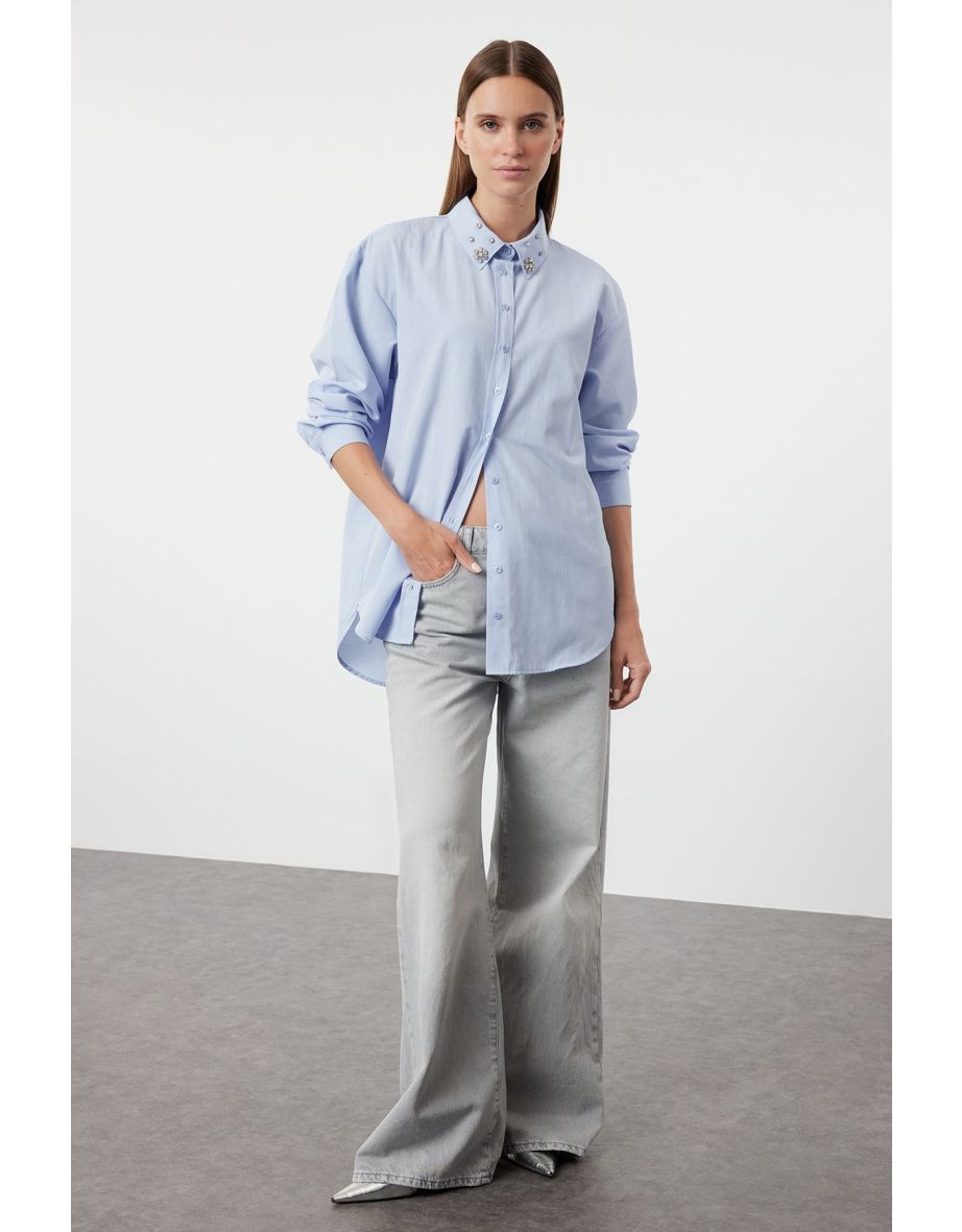Blue Collar Stone Detailed Oversize Woven Shirt