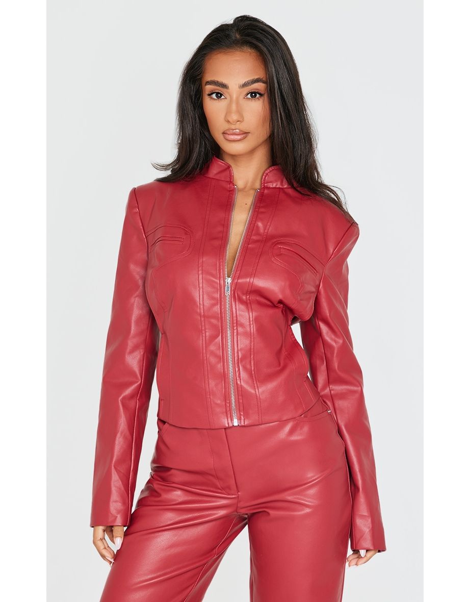 Petite Dark Red Faux Leather Fitted Seam Detail Jacket