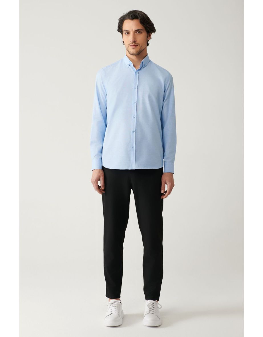 Men's Blue Buttoned Collar Easy to Iron Oxford Cotton Standard Fit Normal Cut Shirt