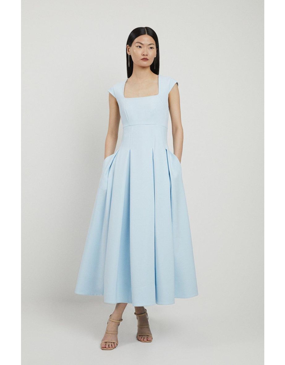 Petite Clean Tailored Square Neck Full Skirted Midaxi Dress