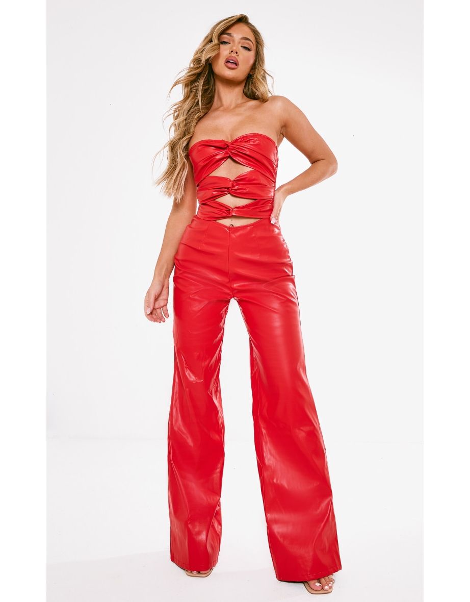 Cherry Red Faux Leather Cut Out Twisted Flare Jumpsuit