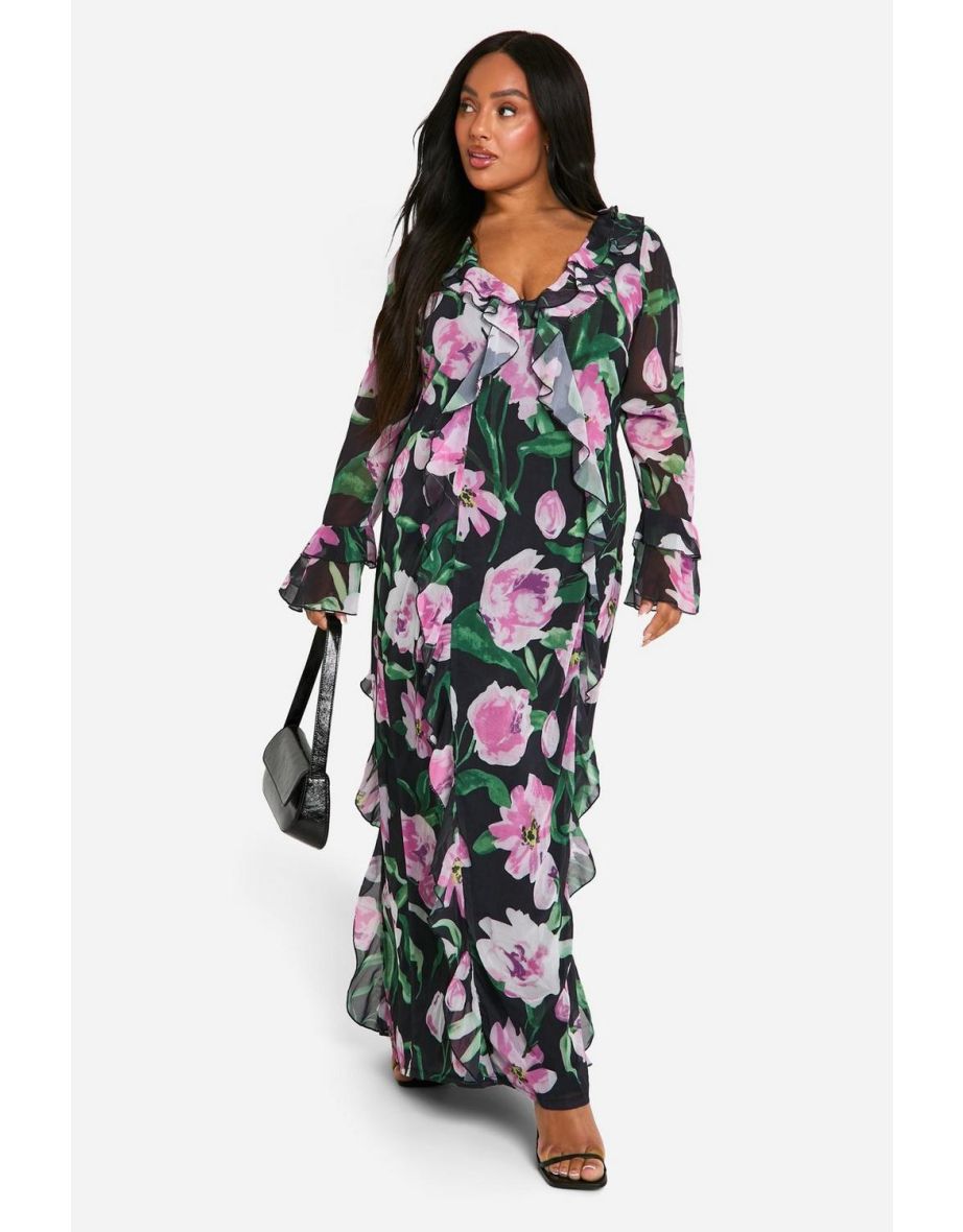 Plus Large Floral Ruffle Maxi Dress - black