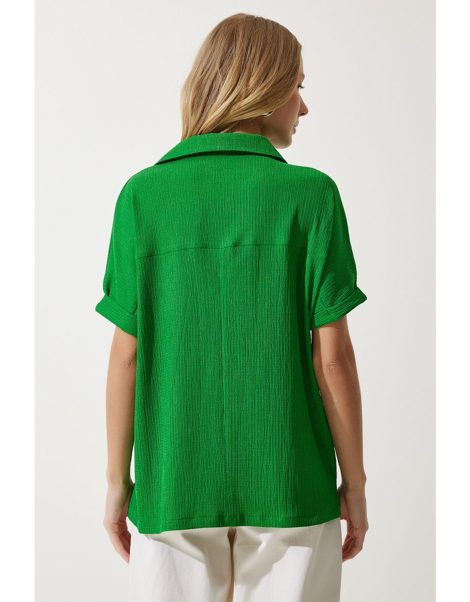Women's Green Polo Neck Knitted Crinkle Blouse - 5