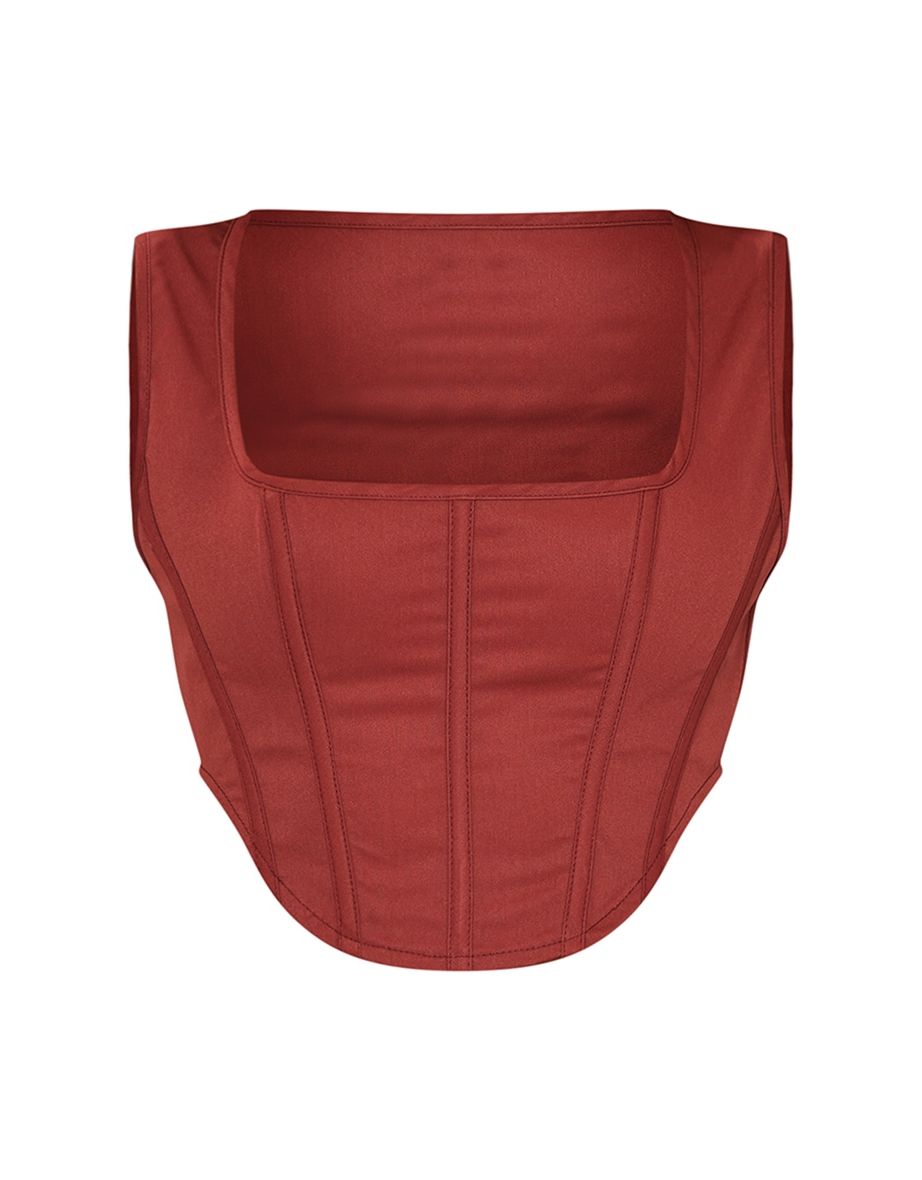 Chocolate Stretch Woven Boned Corset Crop Top - 4