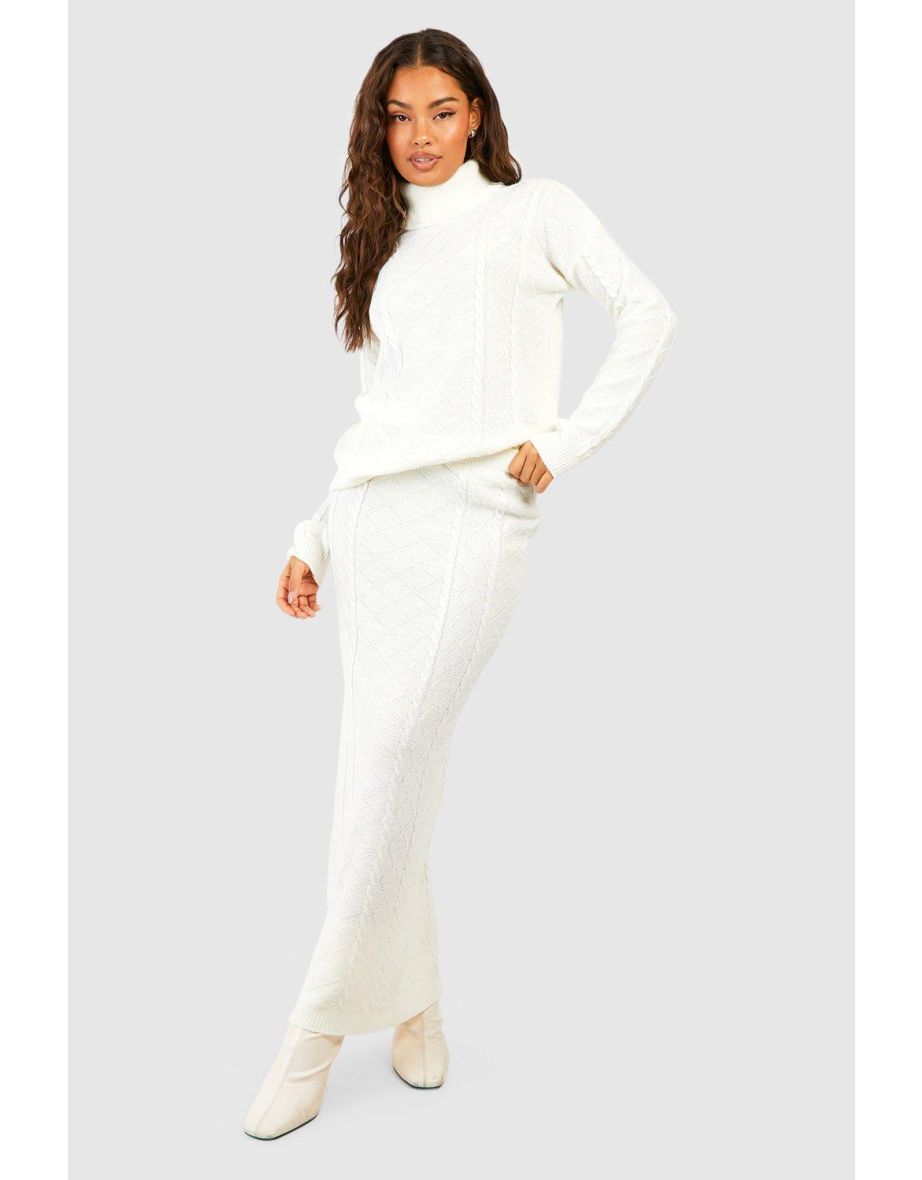 Cable Roll Neck Jumper And Maxi Skirt Knitted Co-ord - cream