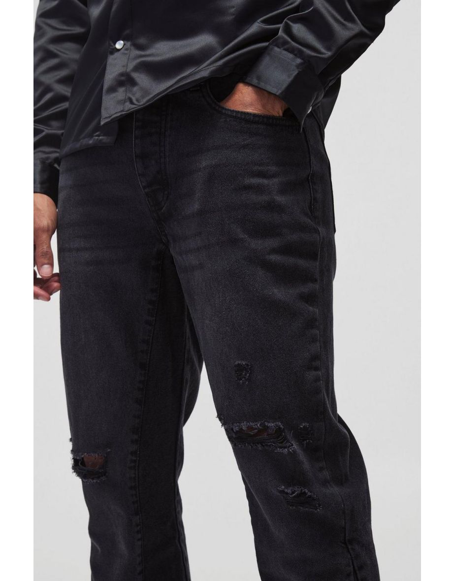 Slim Rigid Flare Distressed Gusset Panel Acid Washed Denim Jeans - 2