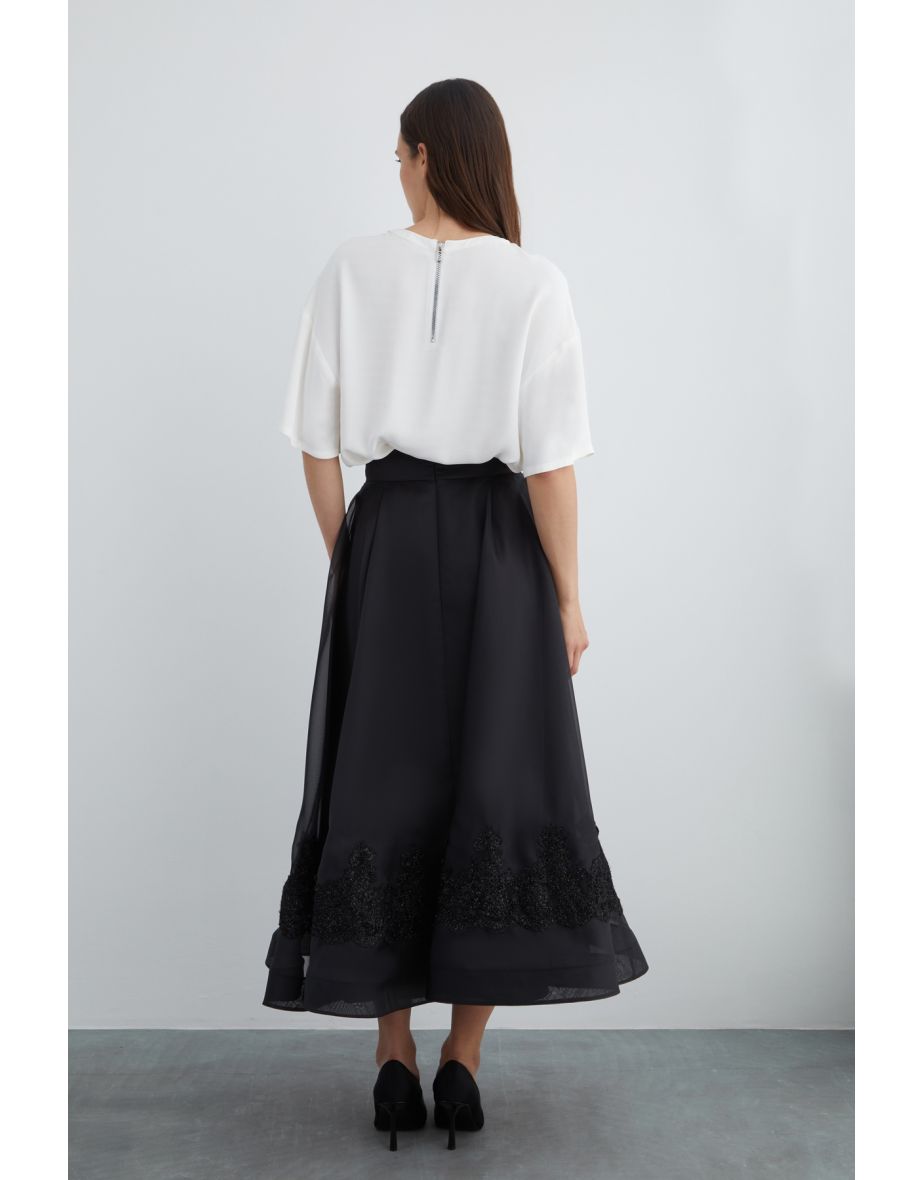 Black Organza Skirt with Lace Detail - 2