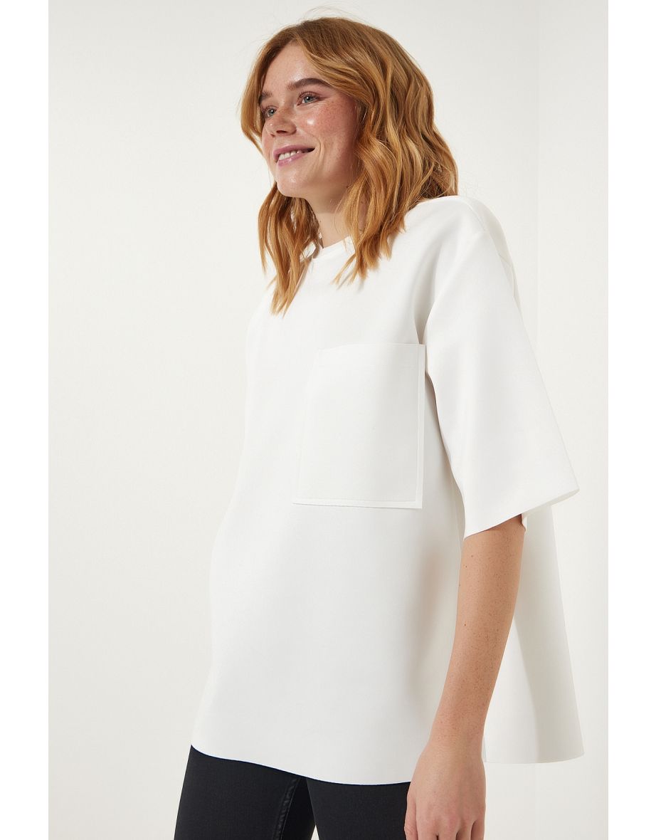 Women's White Back Zipper Detail Knitted Scuba T-Shirt