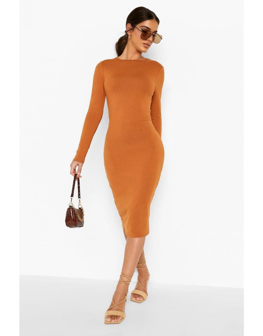 Basics Long Sleeve Crew Neck Midi Bodycon Dress - brown