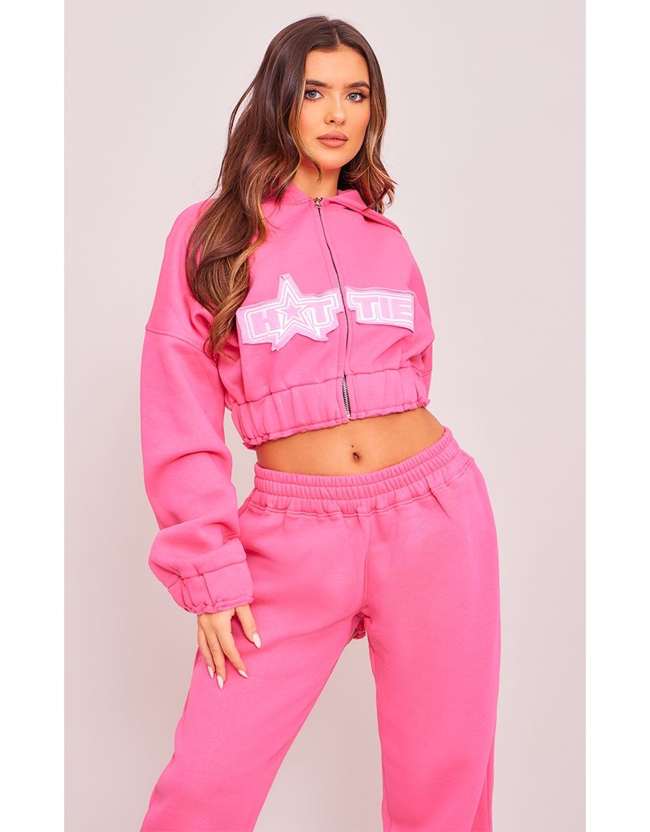 Pink Hottie Applique Zip Through Cropped Hoodie