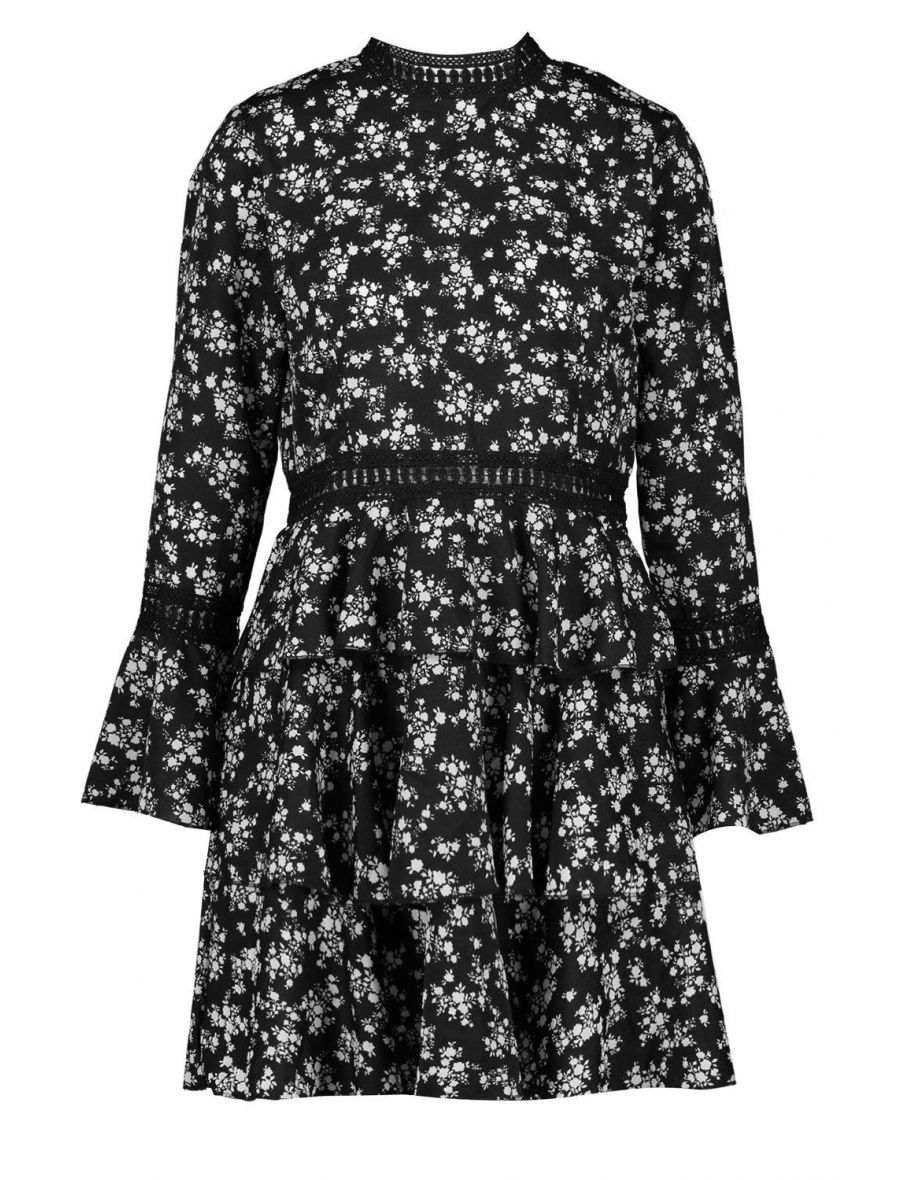High Neck Floral Tiered Skater Dress - black - 3