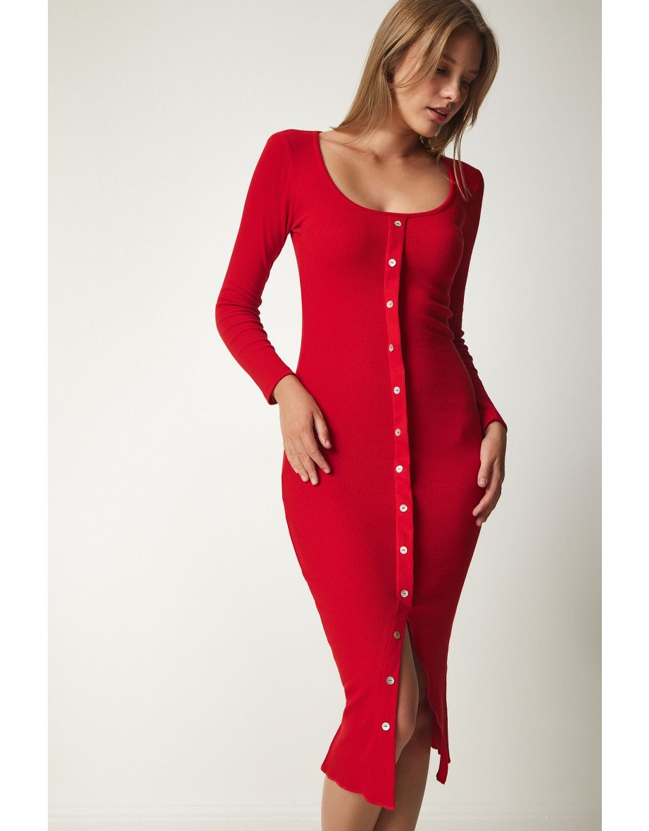 Rib-knit Dress - Red - Ladies